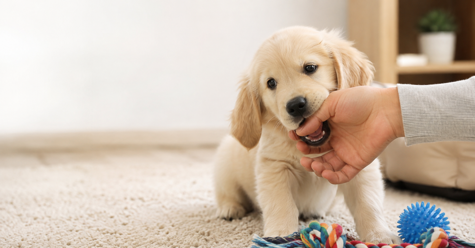 How to Stop a Puppy From Biting – Golden Retriever puppy chewing a toy instead of a hand