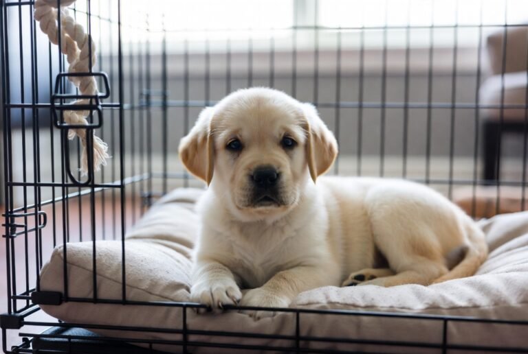 How to Crate Train a Puppy with a happy puppy relaxing inside a crate during positive crate training