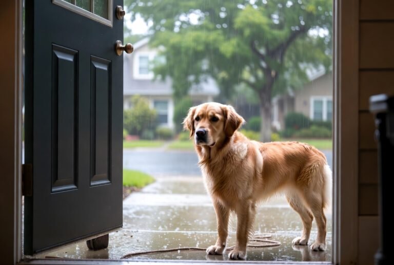 Why Does My Dog Refuse to Walk in the Rain? Dog hesitating at the front door during a rainy walk.