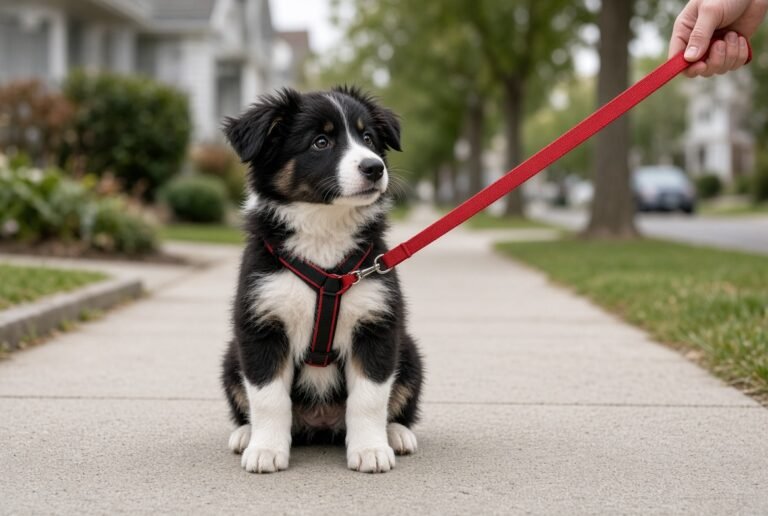 Puppy sits down when leash gets tight