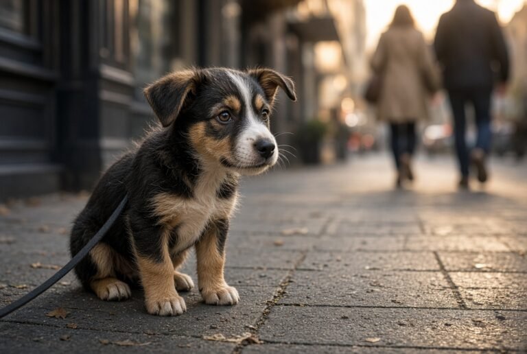 Puppy stops walking when he sees people