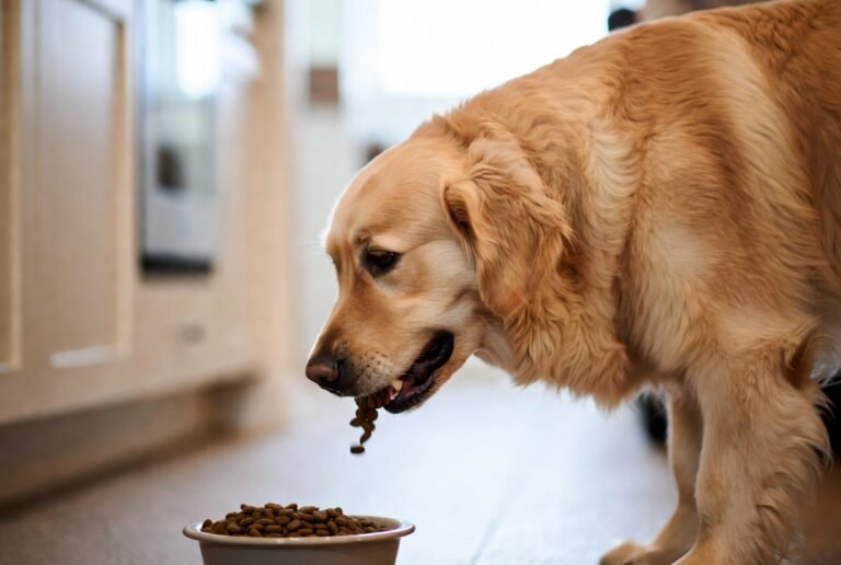 Why Does My Dog Carry Food Away From the Bowl? Dog eating kibble on carpet after moving food