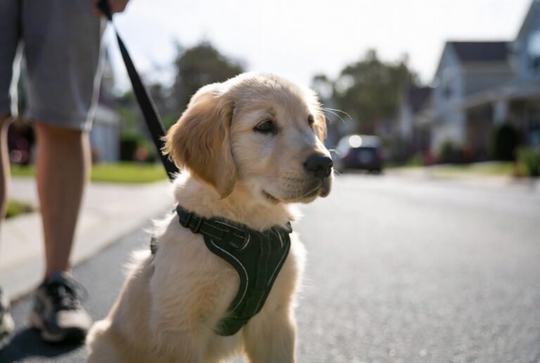 Why Does My Puppy Sit Down During Walks? A puppy sitting on a leash during an outdoor walk.