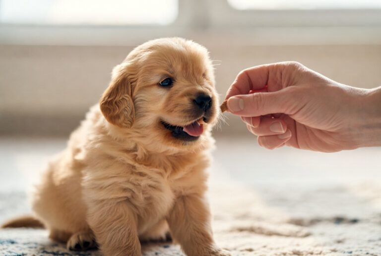 How to Teach a Puppy to Sit with positive reinforcement sit training as a puppy follows a treat into the sit command