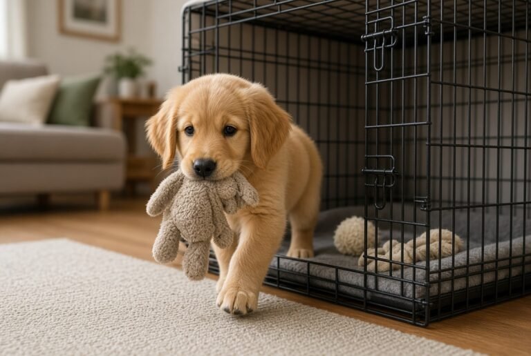 Puppy taking favorite toys into his crate