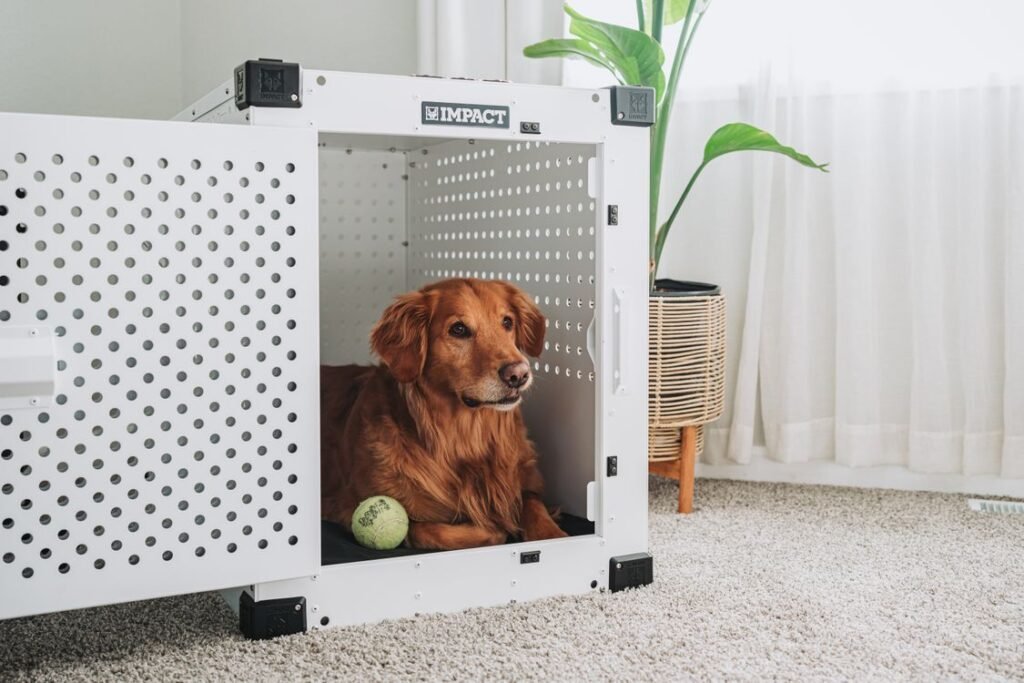 Dog resting inside a white crate in a living room